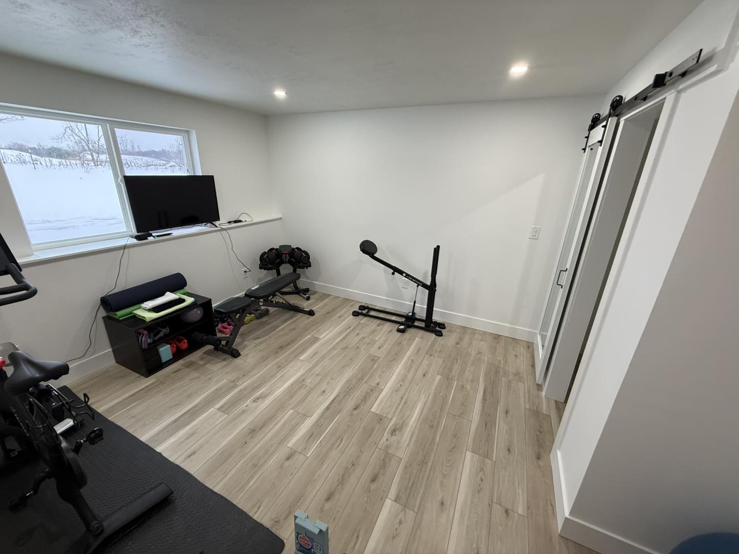 Basement home gym with barn door